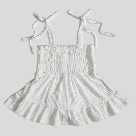 Paper Crane Small White Smocked Tie Strap Peplum Sleeveless Waffle Top - Picture 15 of 16